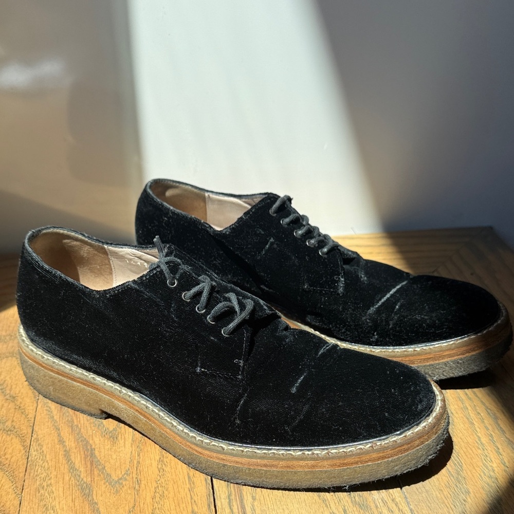 Dries Van Noten Black Velvet Derby Shoes with Tan Crepe Sole